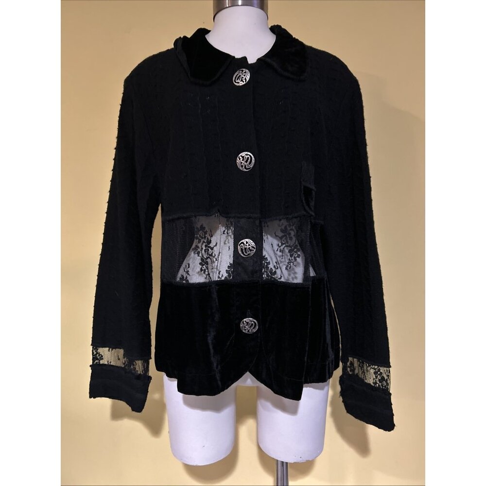 Witchy Jacket Womens L Black Velvet Patchwork Lace Crop Peek WhimsiGoth Fairy - Picture 8 of 13
